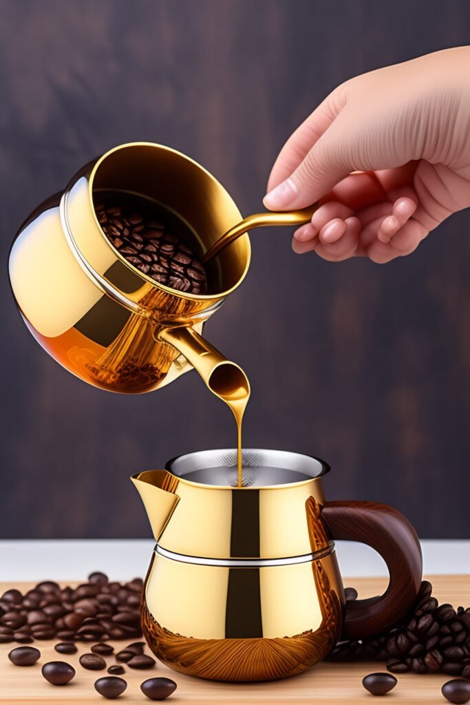 A hand holding Coffee Pot Brass Turkish Greek